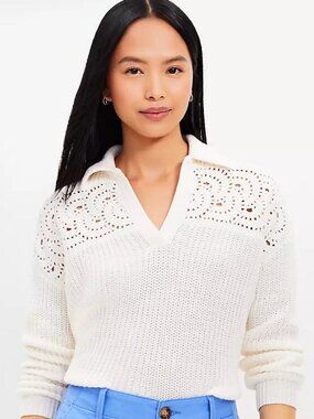 LOFT Cream Crochet-Yoke V-Neck Collared Sweater